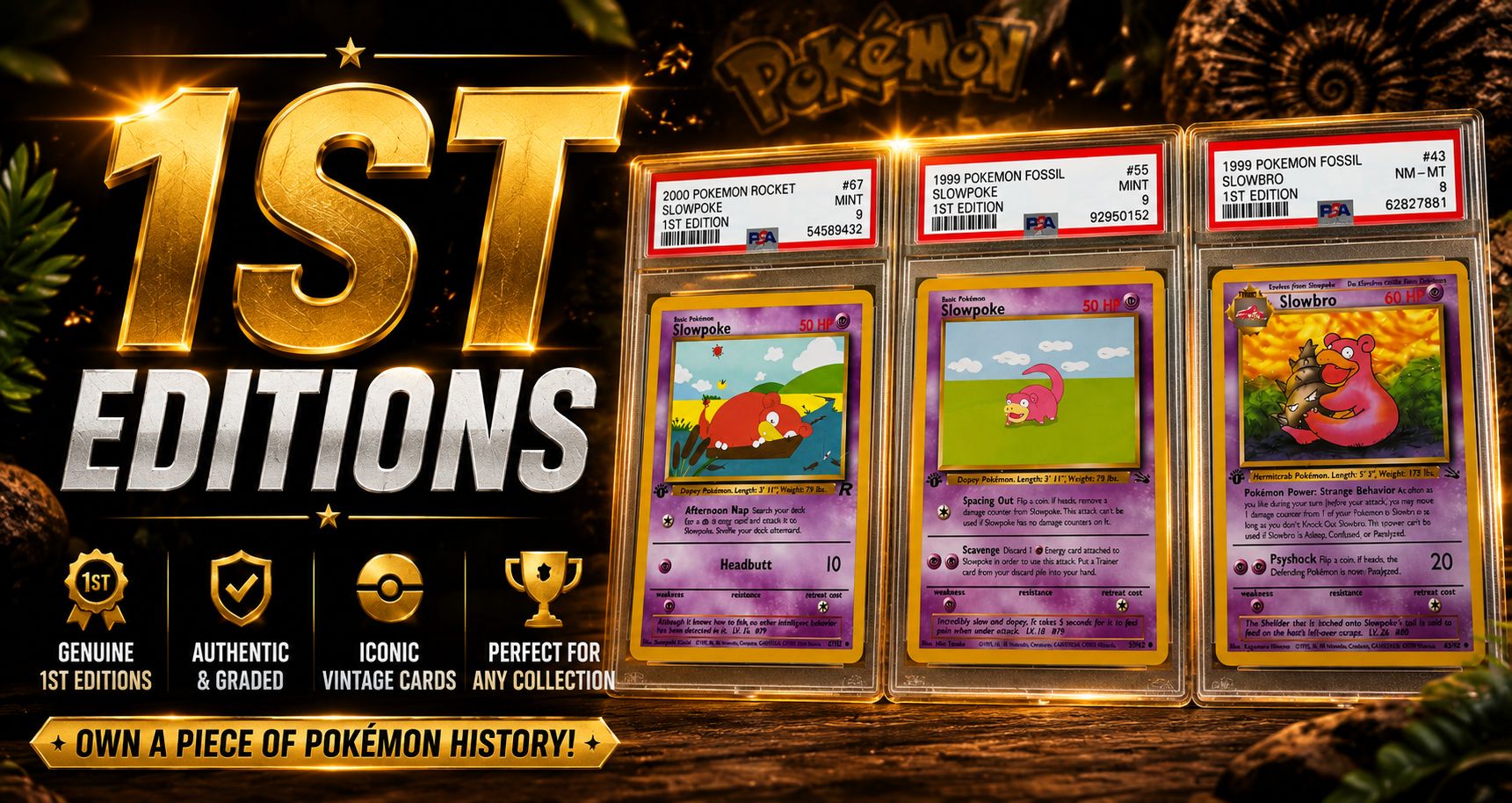 Win 1st Edition Pokémon PSA Cards – Slowpoke & Slowbro Fossil + Team Rocket